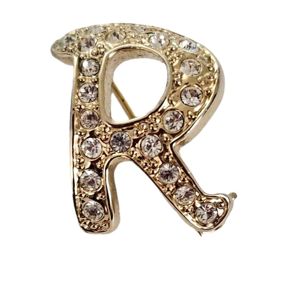 Gold Tone Clear Rhinestone Letter R Brooch Pin L141 - Picture 2 of 8